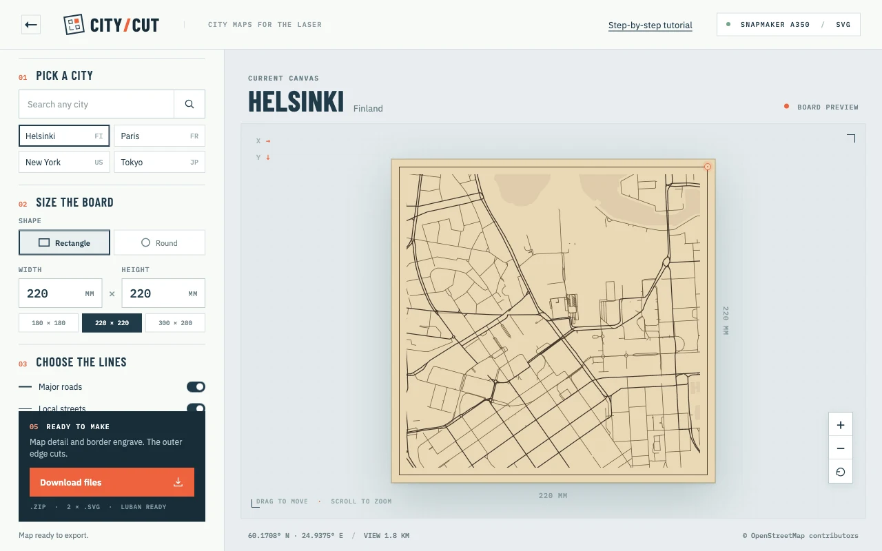 City map showing the Helsinki map, 220 by 220 millimeter board controls on the left and the Download files button below.